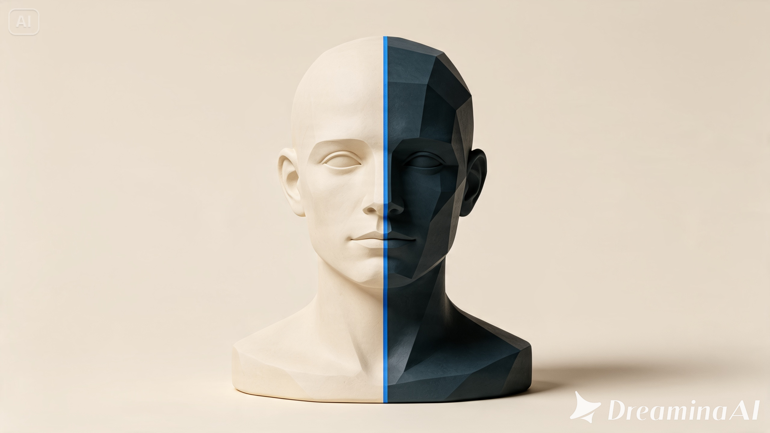 Ilustrasi 3D potret separuh nyata separuh mesh